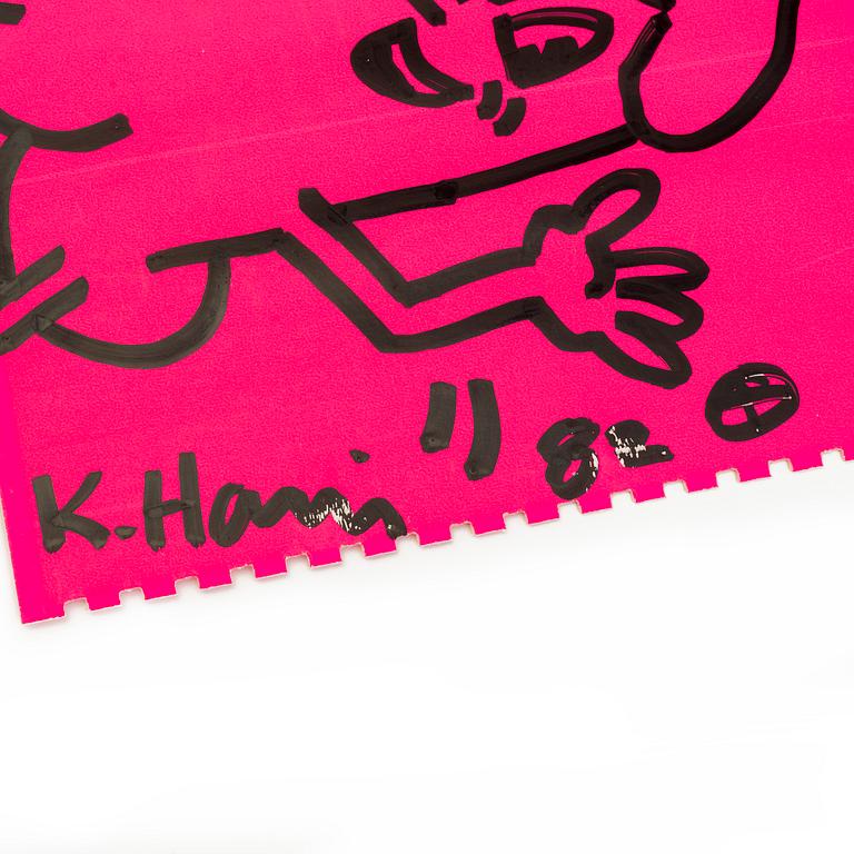 KEITH HARING, teckning på Shafrazi katalog, rosa fluroscerande papper, signerad och daterad - 82.
