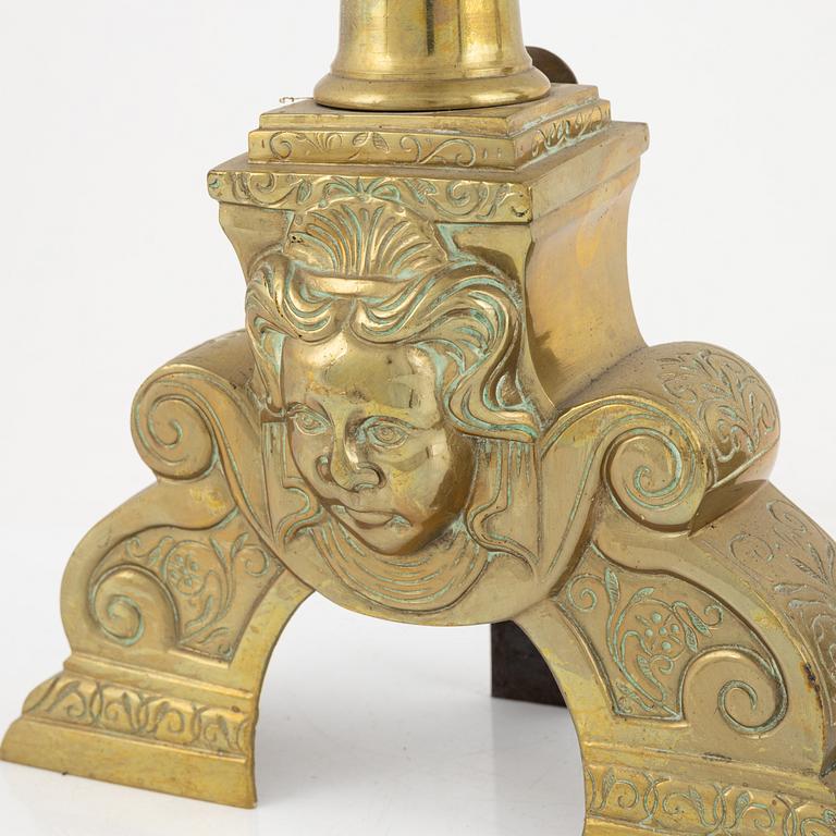 A pair of brass andirons, 20th century.