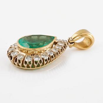 An emerald, circa 10 cts, and diamond, in total circa 2 cts, pendant.