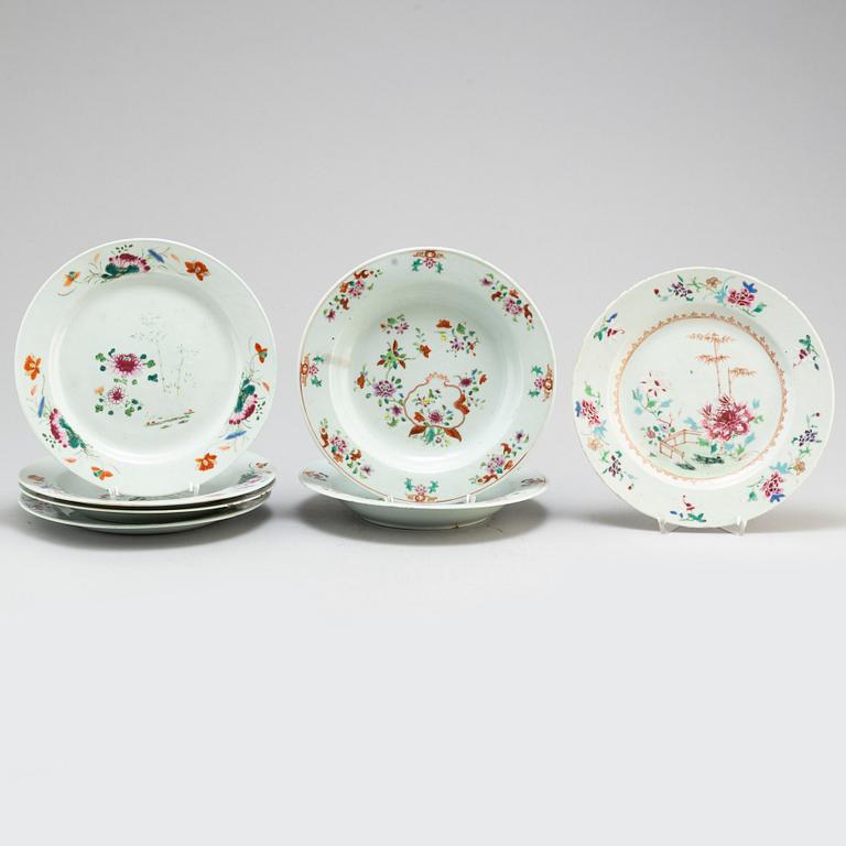 Seven famille rose export porcelain plates and dishes (4+2+1), Qing dynasty, Qianlong (1736-95).