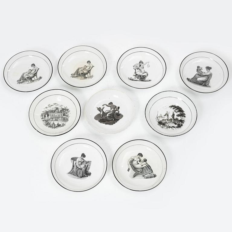 Koppar med fat, 9 st, empire, 1800-talets första hälft.