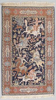 An oriental silk rug around 150 x 91 cm.