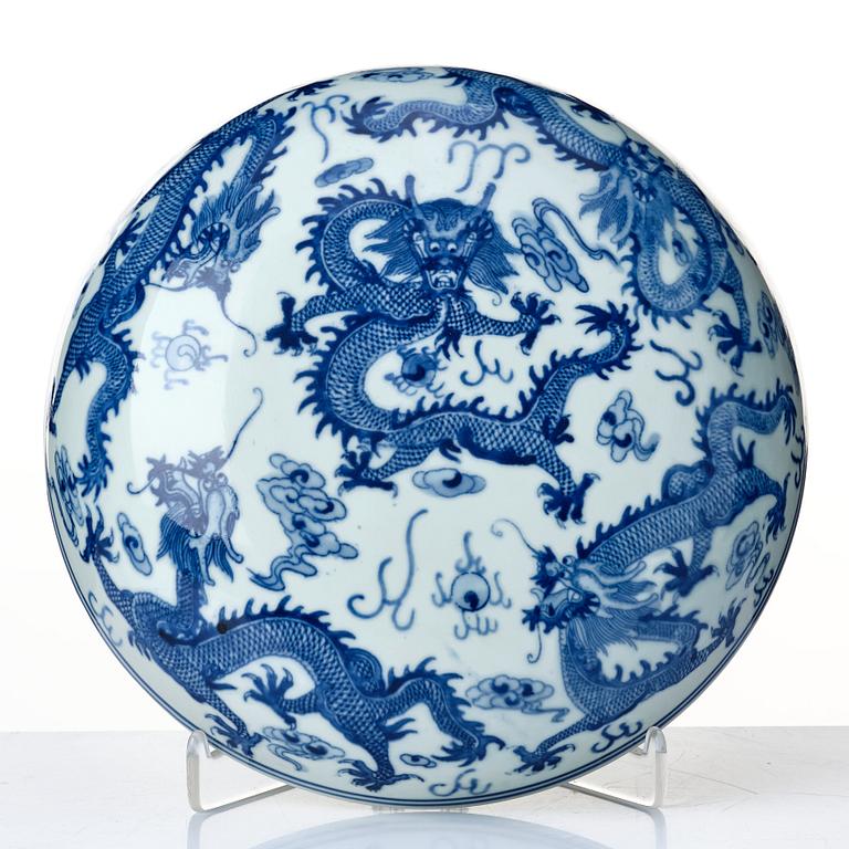 A blue and white five clawed dragon bowl, China, presumably Republic with Guangxu mark.