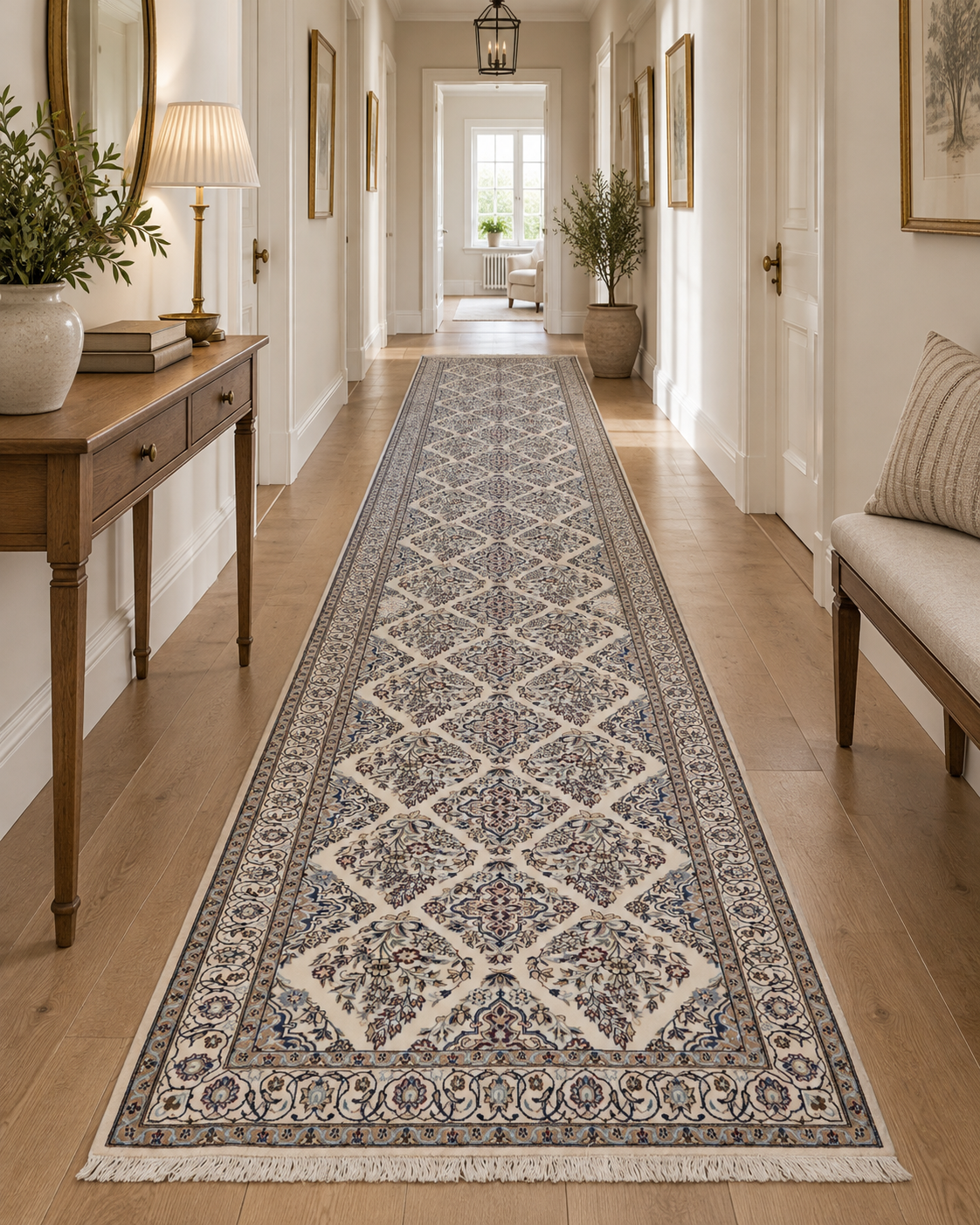 A Nain part silk carpet, 408 x 98 cm.