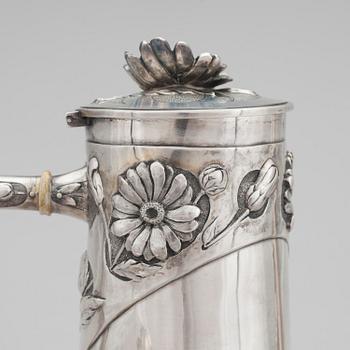 KAFFESERVIS, tre delar, silver, jugend, Lars Dahlberg Kristianstad 1906. Total vikt ca 1390 gram.