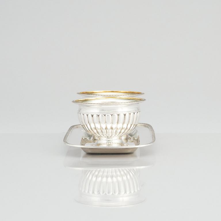 A pair of parcel-gilt silver dessert bowls with stand, mark of Anders Lundqvist, Stockholm 1817.