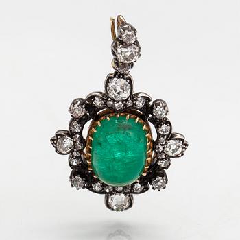 A Bracelet/Pendant made of 14K gold with an emerald and old-cut diamonds ca. 1.95 ct in total.