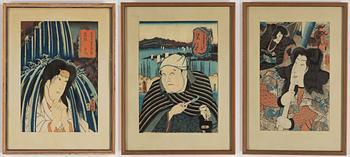 Kuniyoshi (1797/98-1861), and Utagawa Kunisada I (Toyokuni III), three coloured woodblock prints, Japan, 19th century.