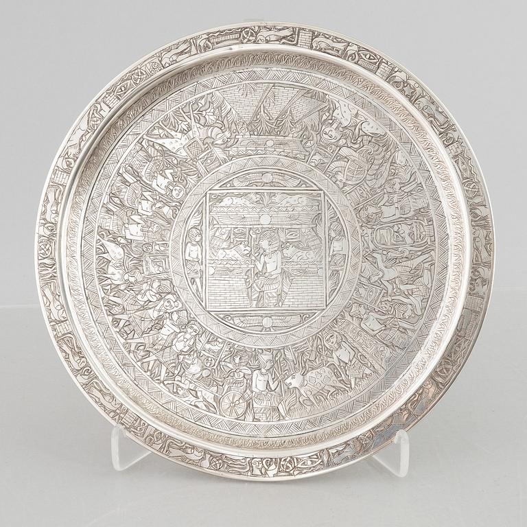 A silver 800 tray and coffee pot, and six glasses without marks. Probably Egypt.