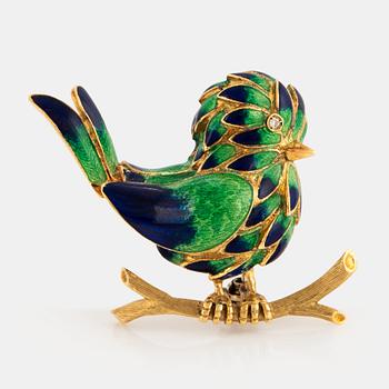 961. An 18K enamelled gold bird brooch set with an eight-cut diamond.