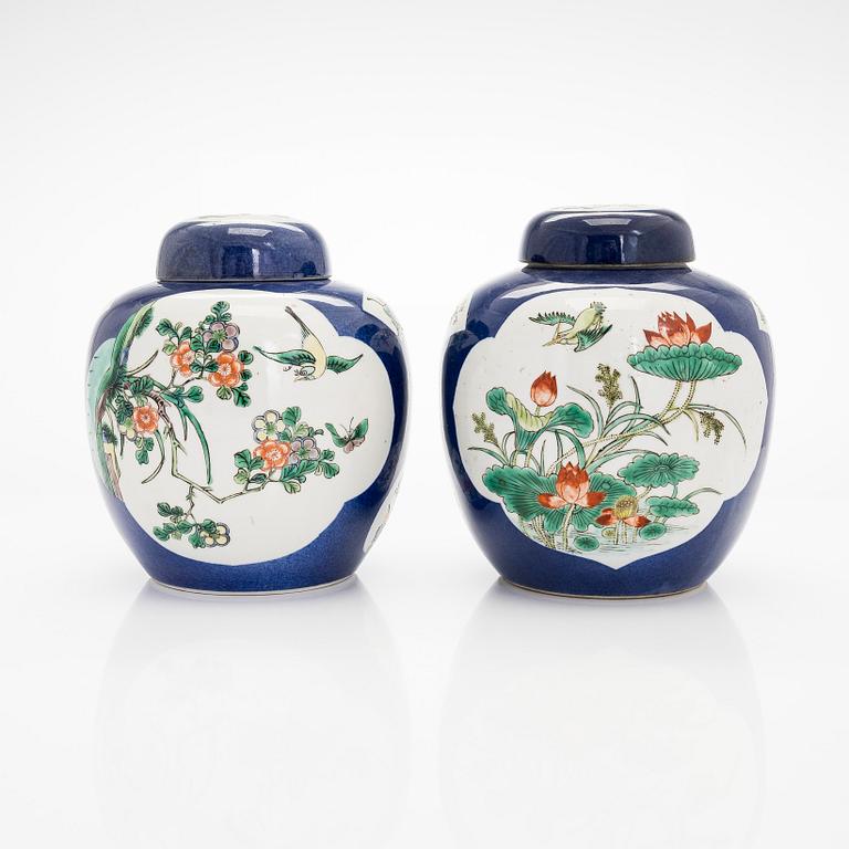 A pair of famille verte jars with covers, China mid 20th century.