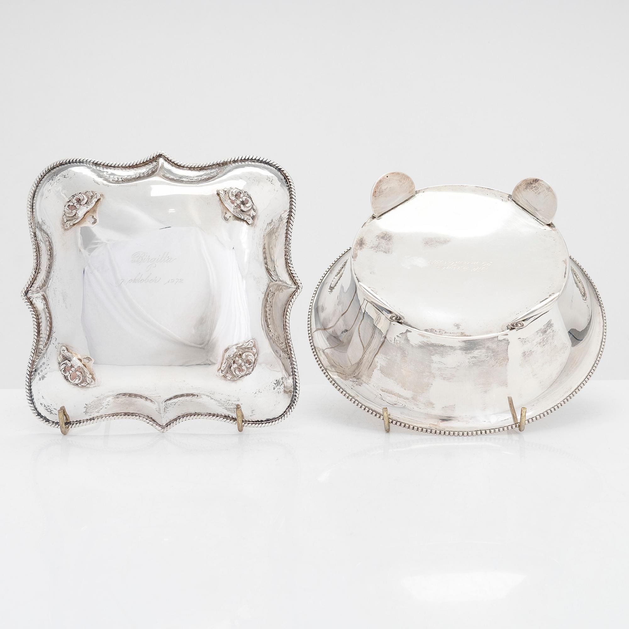 Skålar, 3 st, och dosa, silver, 1930-60-tal.