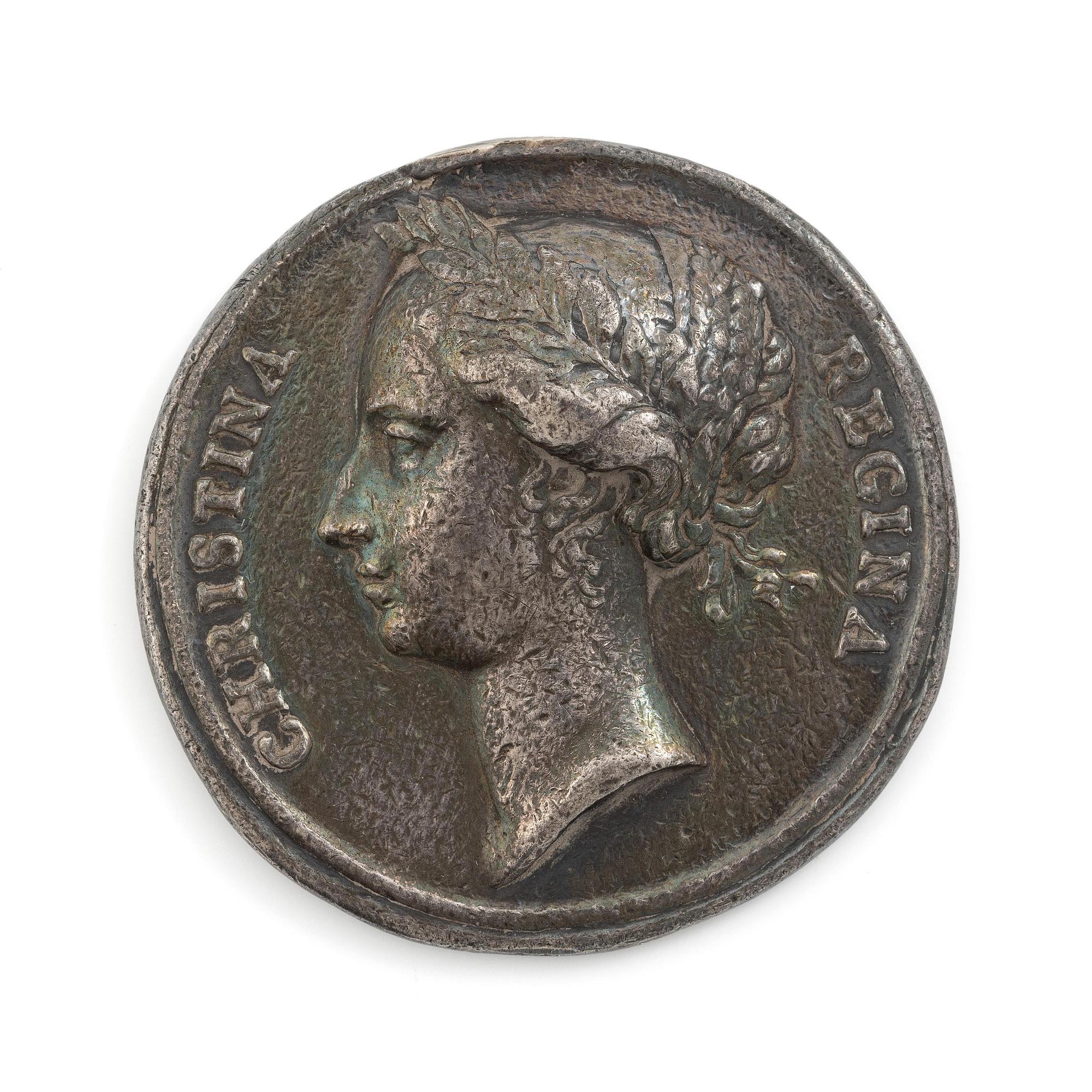 Kastpenning, Drottning Kristinas kröning 1650, av Erich Parise (medaljgravör under 1600-talets mitt).