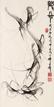 335. MÅLNING och KALLIGRAFI, räkor av Deng Yuejin (Deng Baiyuejin, 1958-), signerad.