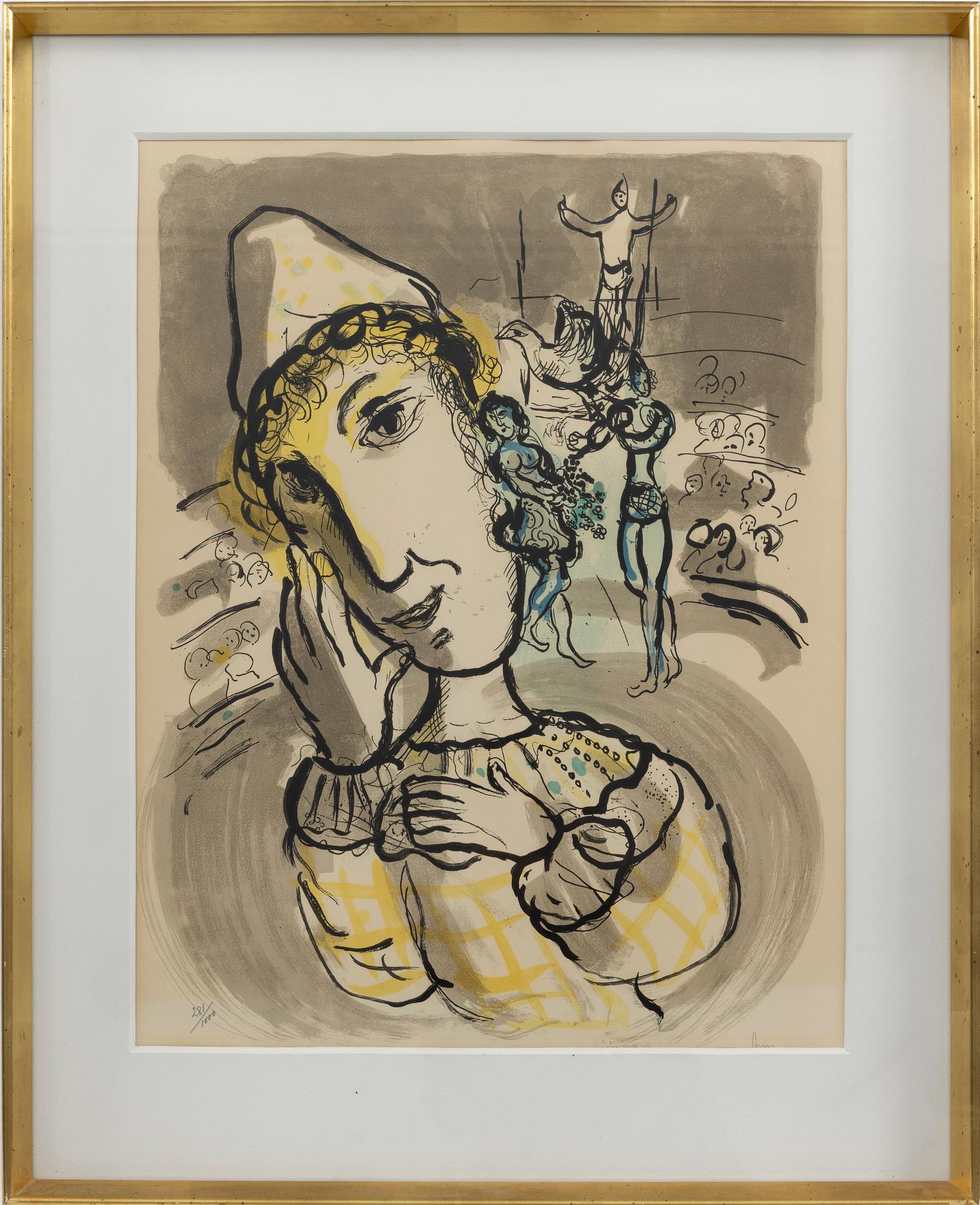 Marc Chagall, after, "Le cirque au clown jaune" translates to "The circus with the yellow clown.".