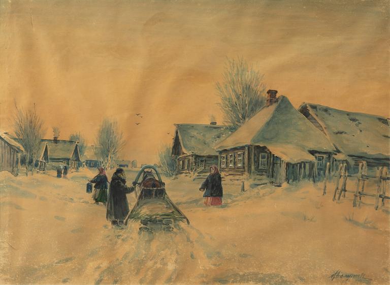 Mihail Abramovich Balunin, Winter landscape with figures and sleigh in the village.