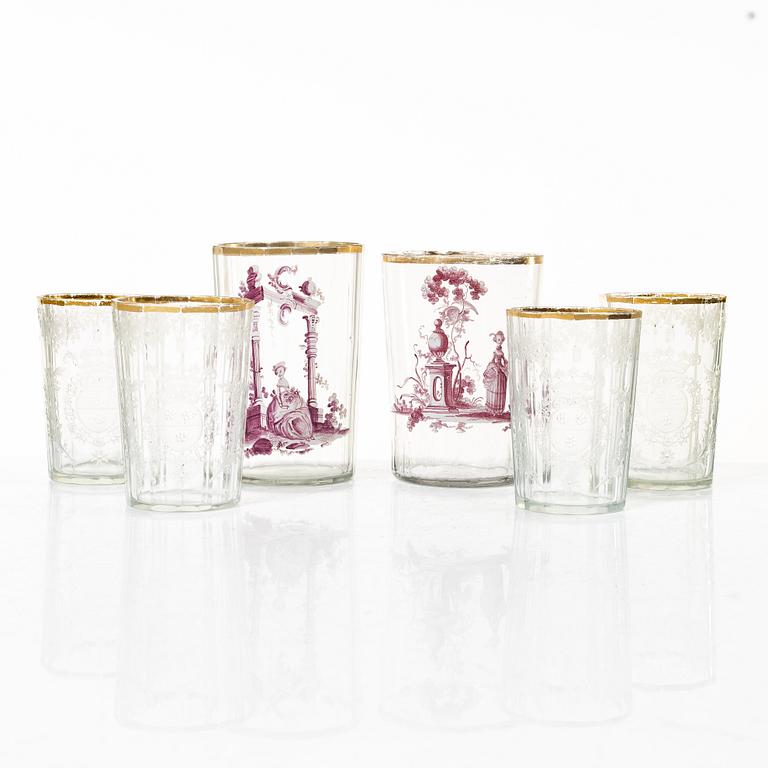 Six historical style glasses, around te year 1900.