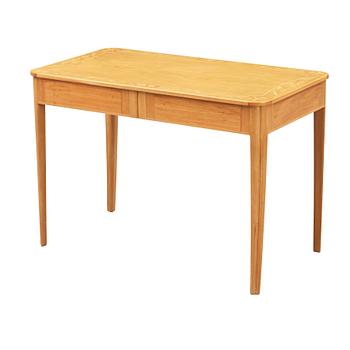 A Carl Malmsten elm table, the top with inlays of different kinds of woods, Sweden 1941-42.