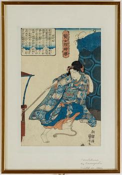 Utagawa Kuniyoshi, two coloured woodblock prints, from Biographies of Wise Women and Virtuous Wives, Japan, 19th century.