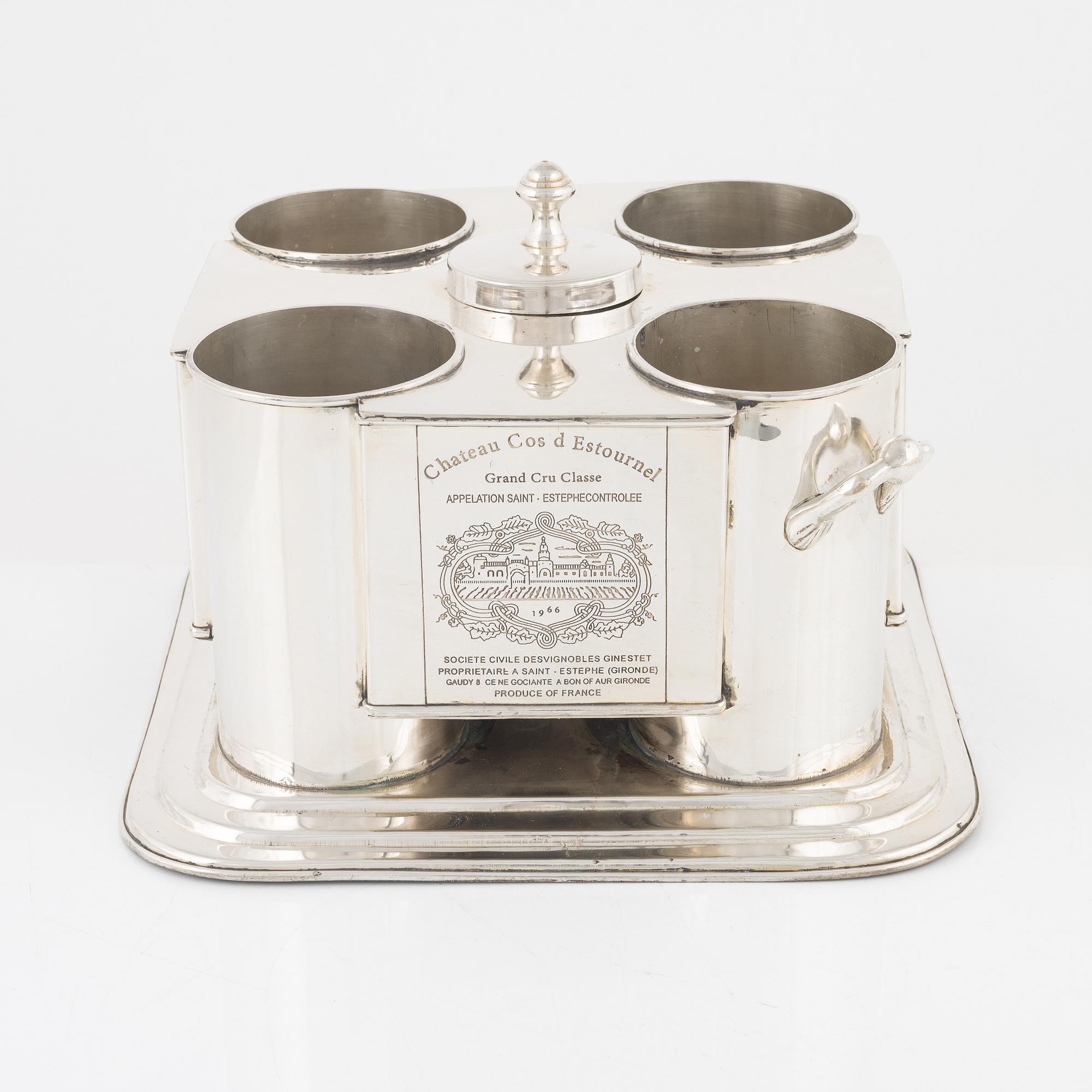 Vinkylare, nysilver, samtida, för fyra flaskor och is.