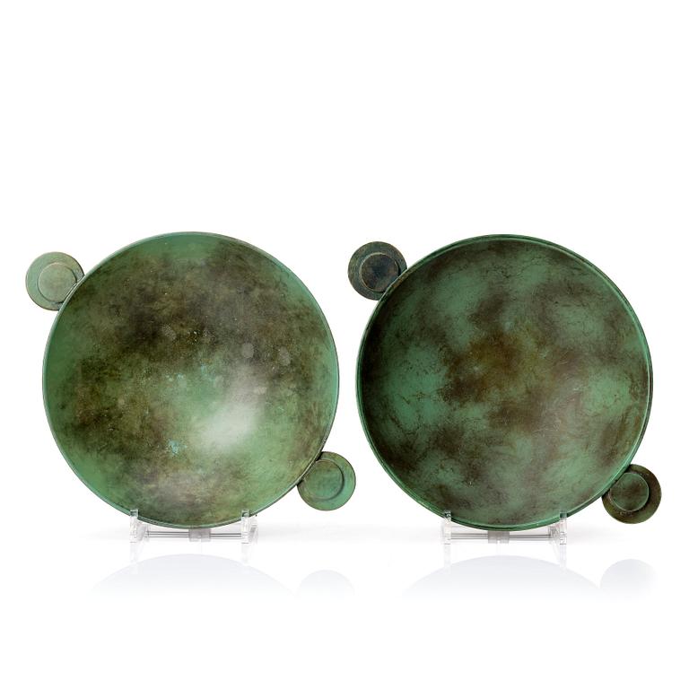 Hans Bergström, two bronze dishes, Ystad Metall, Sweden 1930s.