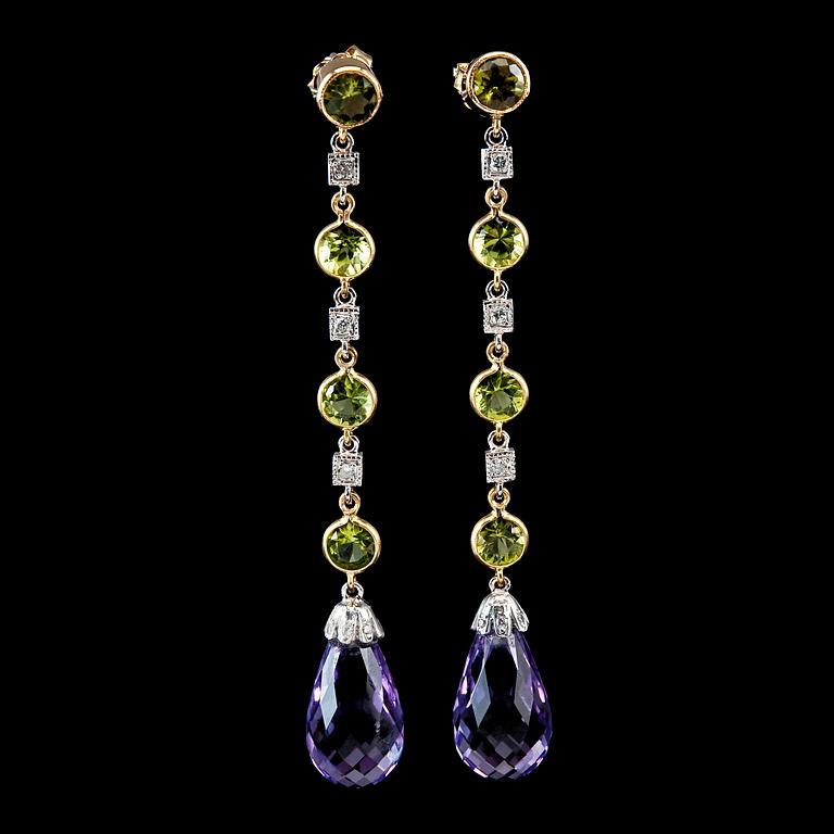 A PAIR OF PENDANT EARRINGS, peridotes, brilliants and briolette cut amethysts.