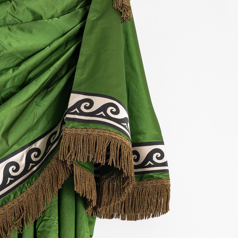 Curtains, a pair, green silk with ribbon embroidery.