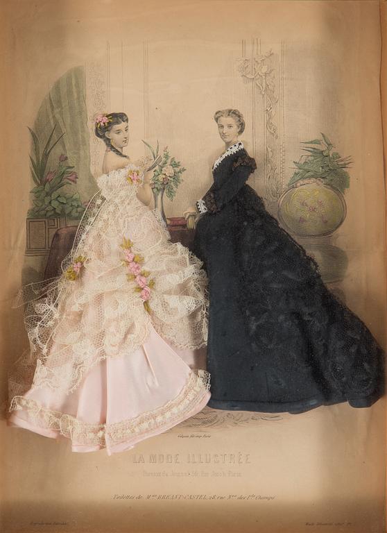 Two hand coloured fashion plates from 'La Mode Illustrée', Paris, France, 1866-7.