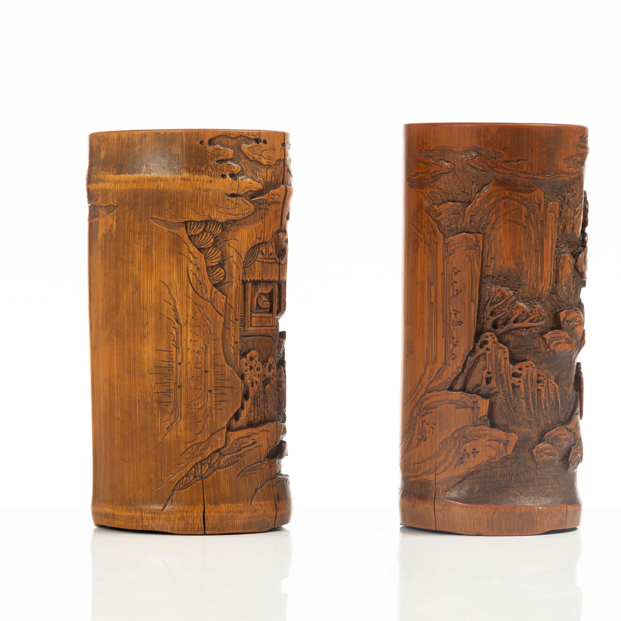 Two Chinese bamboo brush stands, late Qing dynasty / 20th century.