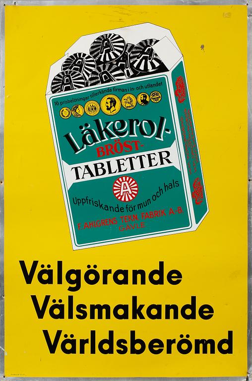 REKLAMSKYLT, aluminium med cromtryck, Läkerol, 1900-talets andra hälft.