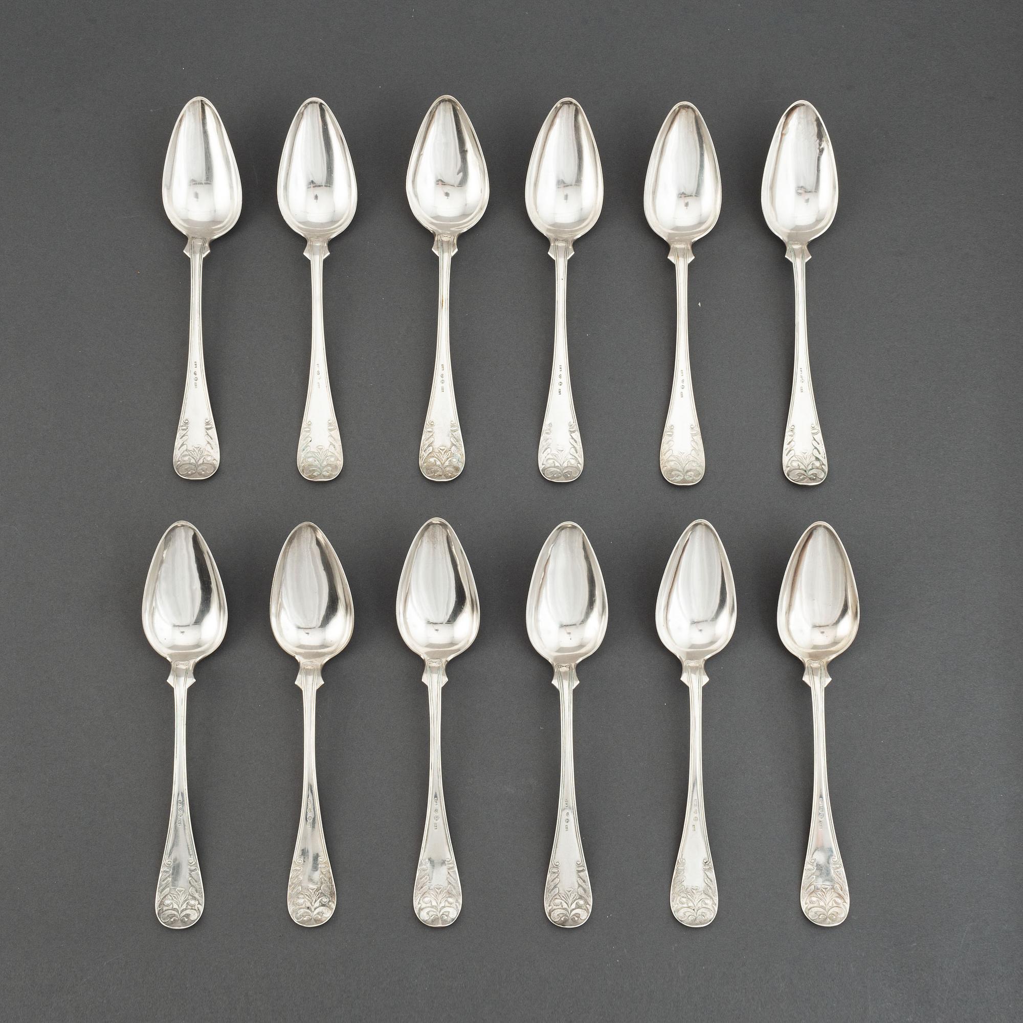 Gustaf Aulander, twelve Swedish silver spoons, Karlskrona, 1862.