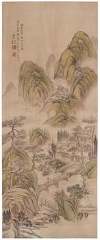 984. Zhang Qing (Tianma Shanmin), A mountain landscape with buildings and a man riding across a bridge in the foreground.