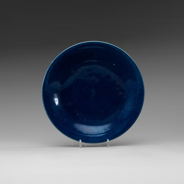 A blue glazed dish, Qing dynasty (1644-1912), with Qianlong seal mark.