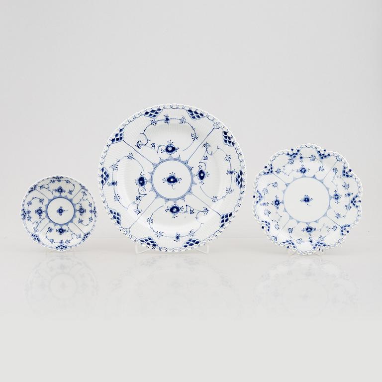 Royal Copenhagen, three full lace "Blue Fluted", porcelain dishes, Denmark.