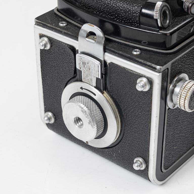 Mellanformatskamera, Rolleiflex, med väska och tillbehör, Franke & Heidecke, 1900-talets mitt, Tyskland.