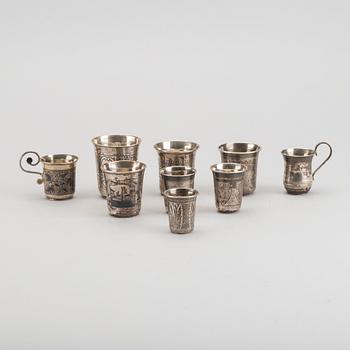 A set of nine different Russian silver vodka beakers 19th century, weight ca 327 gr.