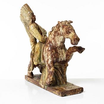 Allan Ebeling, skulptur, glaserad keramik, i form av ursprungsamerikan till häst, Torshälla 1935.