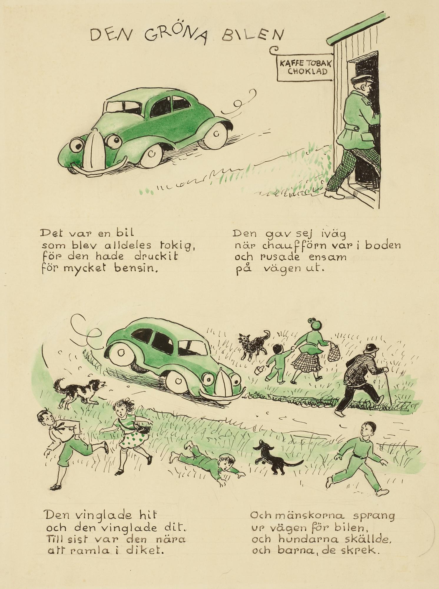 Elsa Beskow, The red bus and the green car. Illustrated children's story by Elsa Beskow.