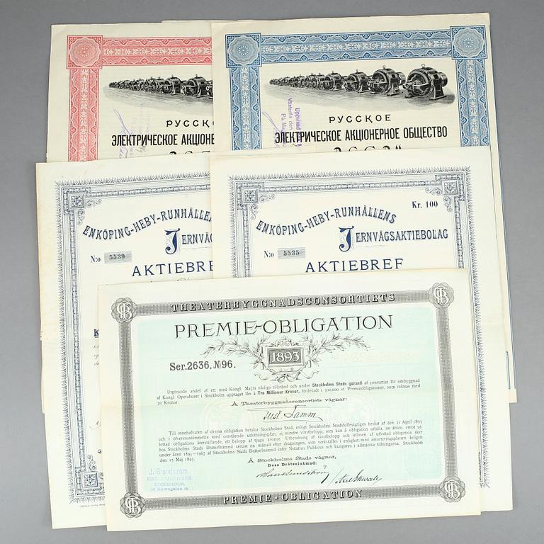 AKTIEBREV 4 st SAMT OBLIGATION, Ryssland och Sverige, 1893-1914.