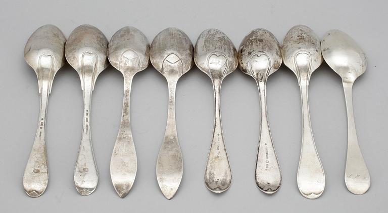 MATSKEDAR, 8 st, silver, Falun, Helsingborg, Ängelholm, Lund, Landskrona, 1807-1865. Tot vikt ca 410 gram.