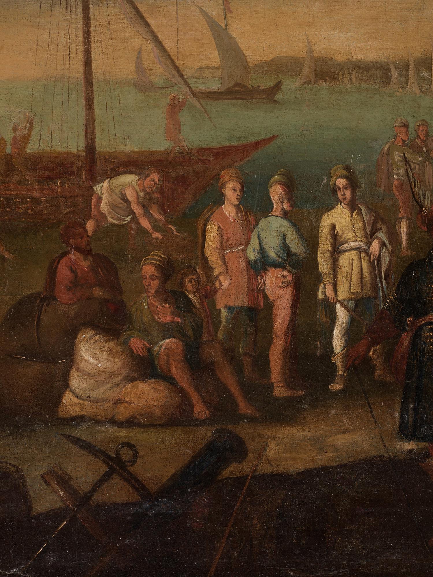 Hendrik van Minderhout, follower of, Harbor scene with oriental merchants.