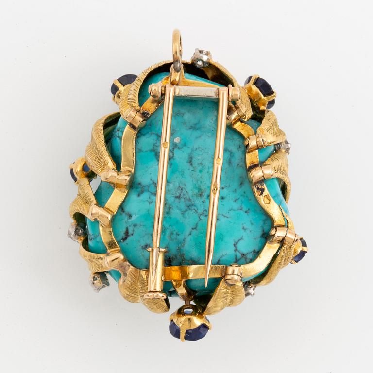 A brooch/pendat, large turquoise with brilliant-cut diamond and sapphires.