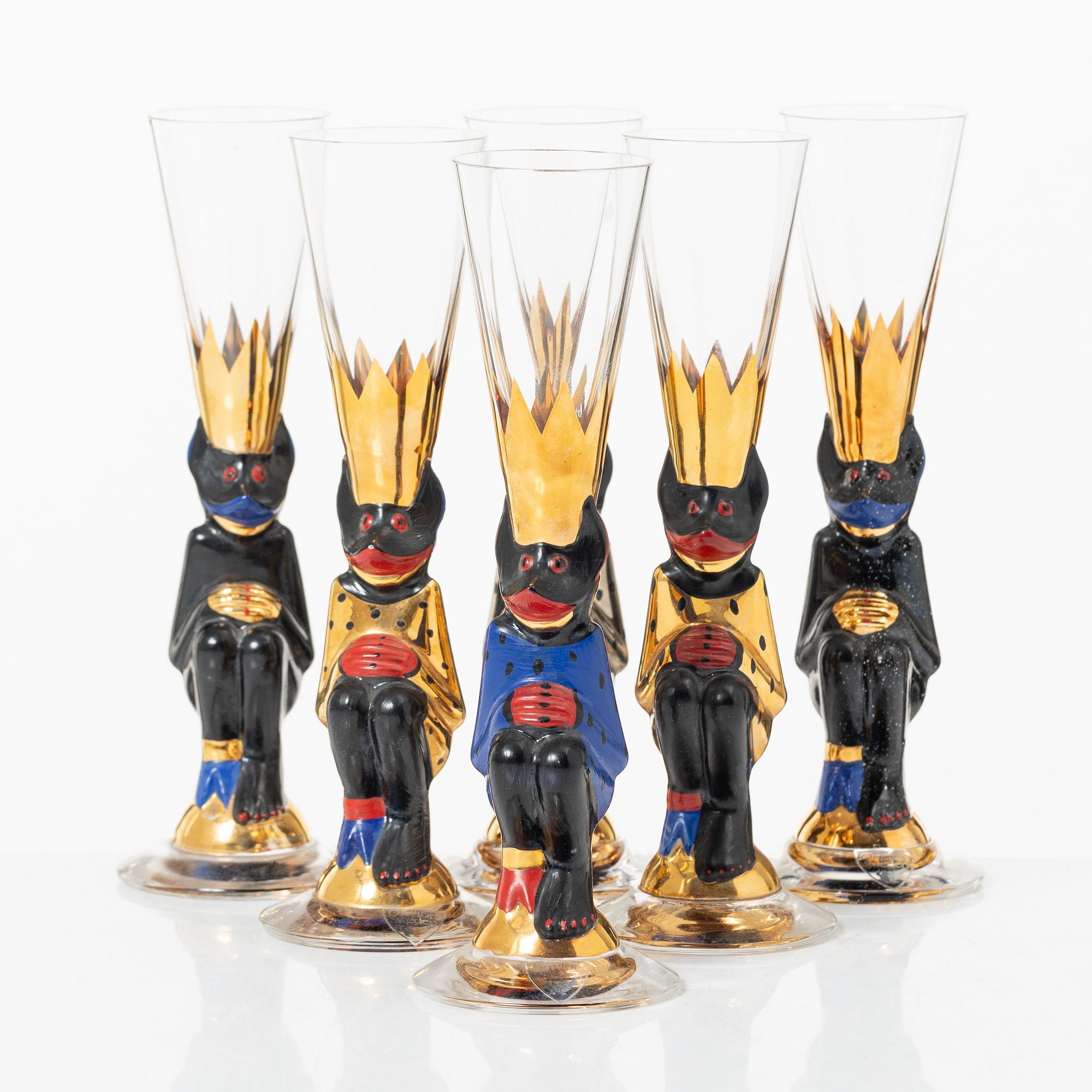 Gunnar Cyrén, schnaps glasses, 6 pcs, so called "Devil glasses", from the Nobel service, Orrefors.