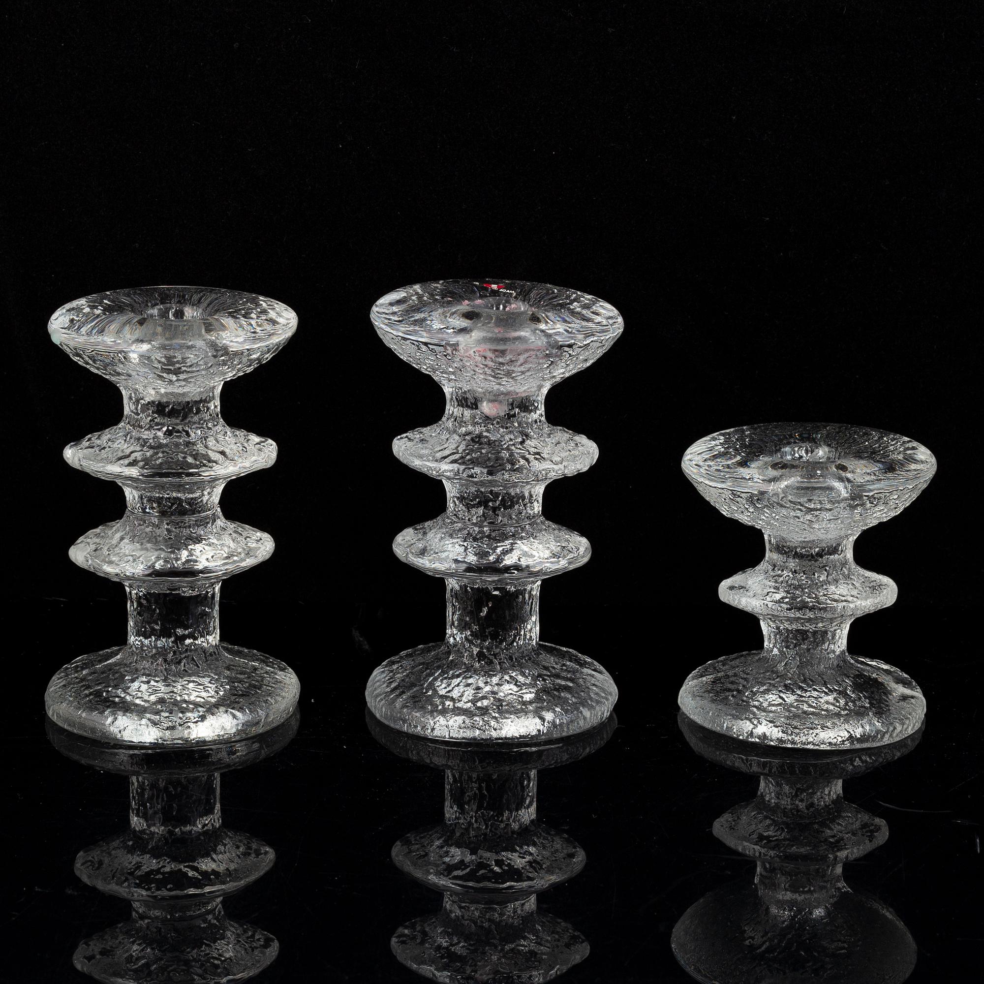Timo Sarpaneva, a set of five glass candle sticks, 'Festivo', Iittala, Finland. Designed 1966.