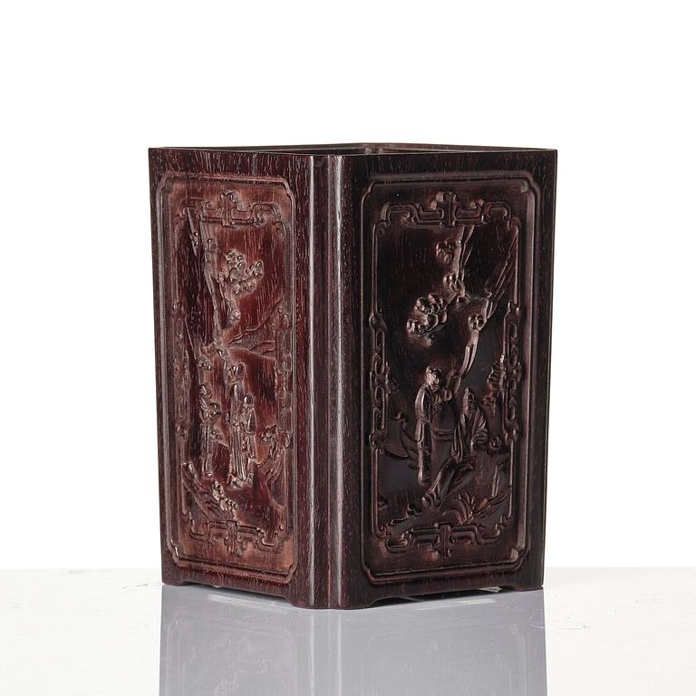 A well carved box with cover and brush pot, China, presumably Republic.