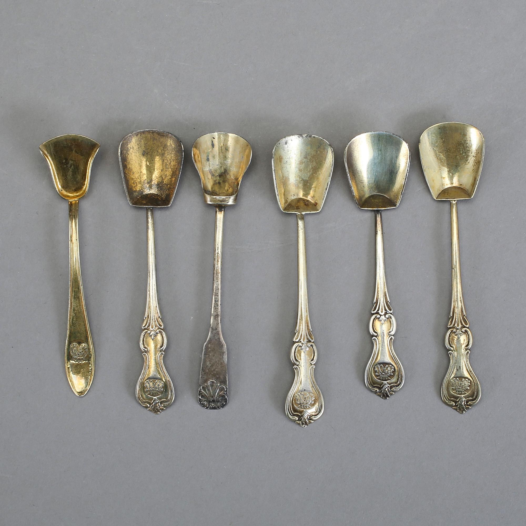 SKEDAR, saltskyfflar, silver, 6 st. vikt 4,9 gram, bl a 1852.