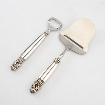 Johan Rohde, cheese slicer and bottle opener, sterling silver, "Konge/Acorn", Georg Jensen, Denmark, after 1945.