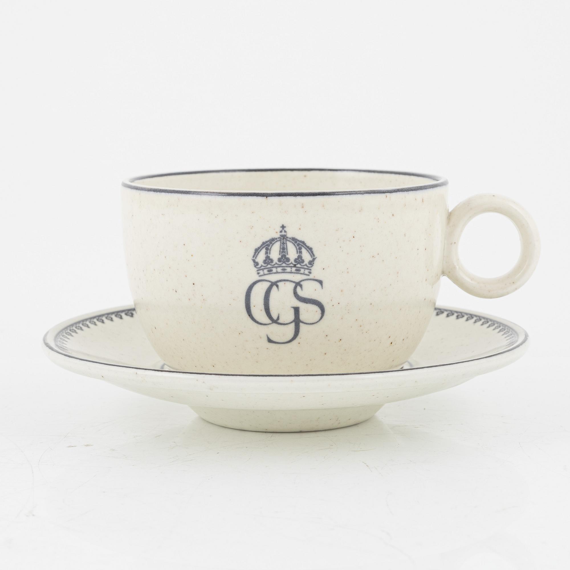 Stig Lindberg, a' Birka' cup with saucer, with royal monogram under crown, Gustavsberg, 1976.