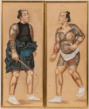 Oidentifierad konstnär, ett par målningar med motiv av tatuerade brottare, Japan, omkring 1900.