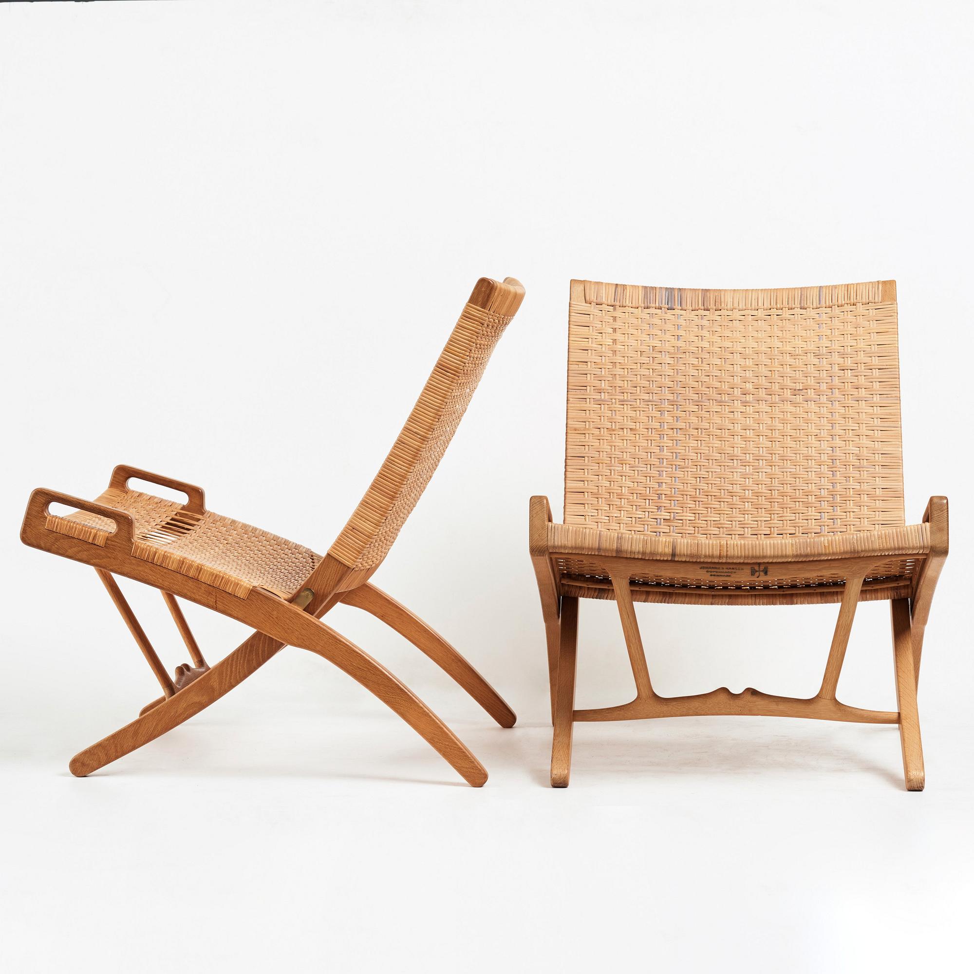 Hans J. Wegner, a pair oak and rattan "model 512" folding chairs by Johannes Hansen, Denmark 1950-60's.